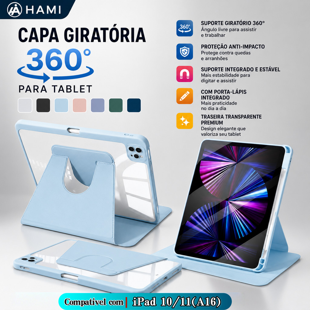 HAMI Capa Giratória 360° para iPad 10/11 (A16), Porta Pencil, Auto Wake/Sleep e Transparante