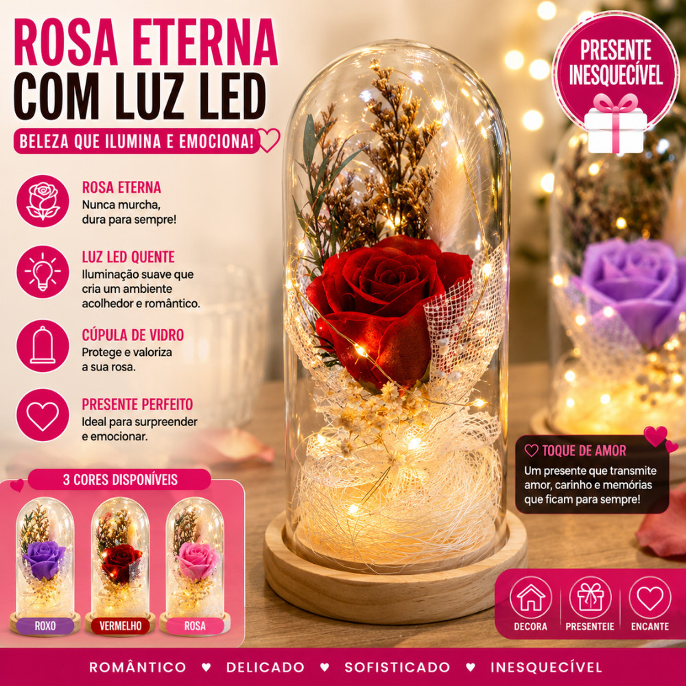 Rosa Eterna Com Luz LED Redoma De Vidro Presente Romântico Dia Dos Namorados Decoração