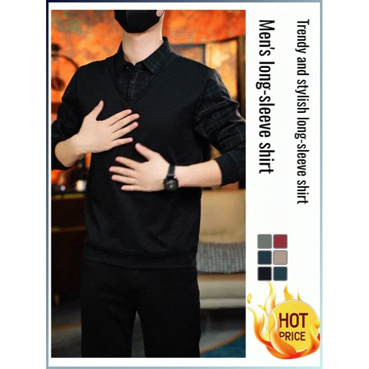 Camisa masculina casual de manga comprida com lapela, estilo falso de duas peças.