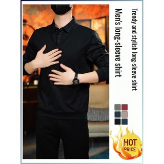 Camisa masculina casual de manga comprida com lapela, estilo falso de duas peças.