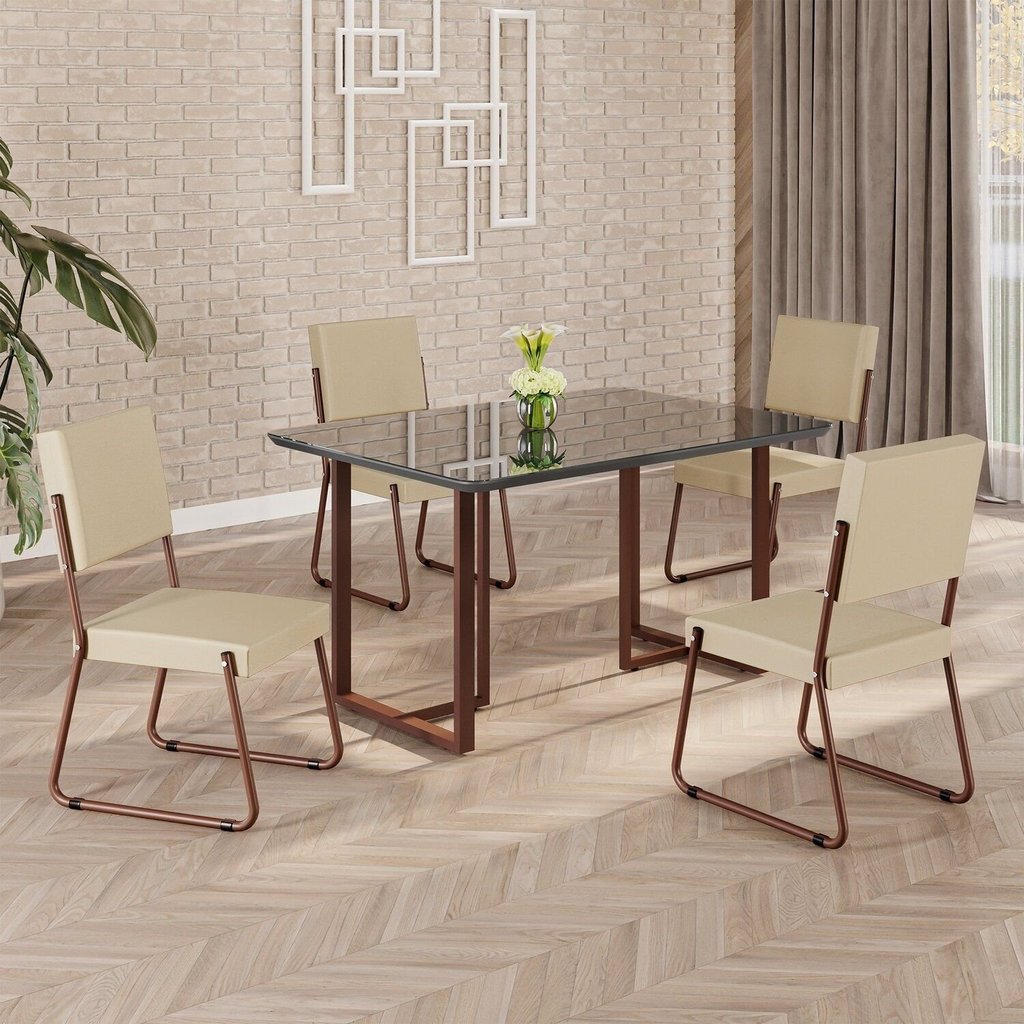 Conjunto Sala de Jantar Mesa 120x90cm Base Lunna Tampo MDF Laca com Vidro Napoli Marrom/Creme Creme/Marrom