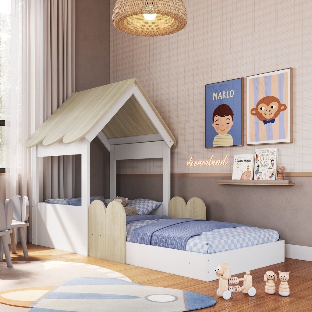 Cama Infantil Montessoriana com Casinha Infanto Branco/Carvalho Araguaia Branco/Carvalho Araguaia