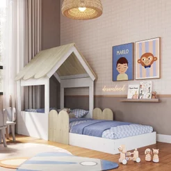 Cama Infantil Montessoriana com Casinha Infanto Branco/Carvalho Araguaia Branco/Carvalho Araguaia