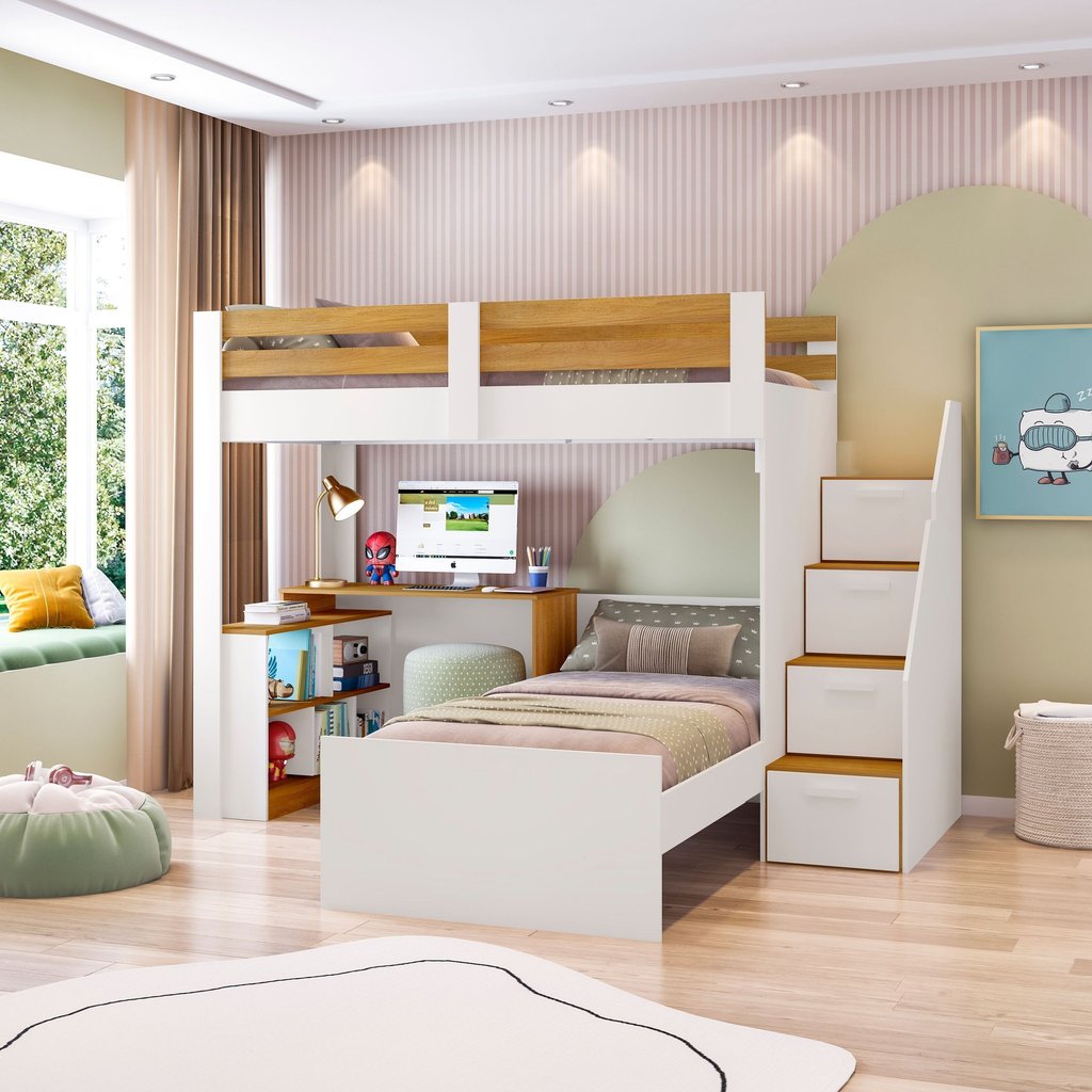 Beliche Star Office Infantil/Juvenil Multifuncional com Escrivaninha Casatema MadeiraOriginals Branco/Amadeirado Freijó