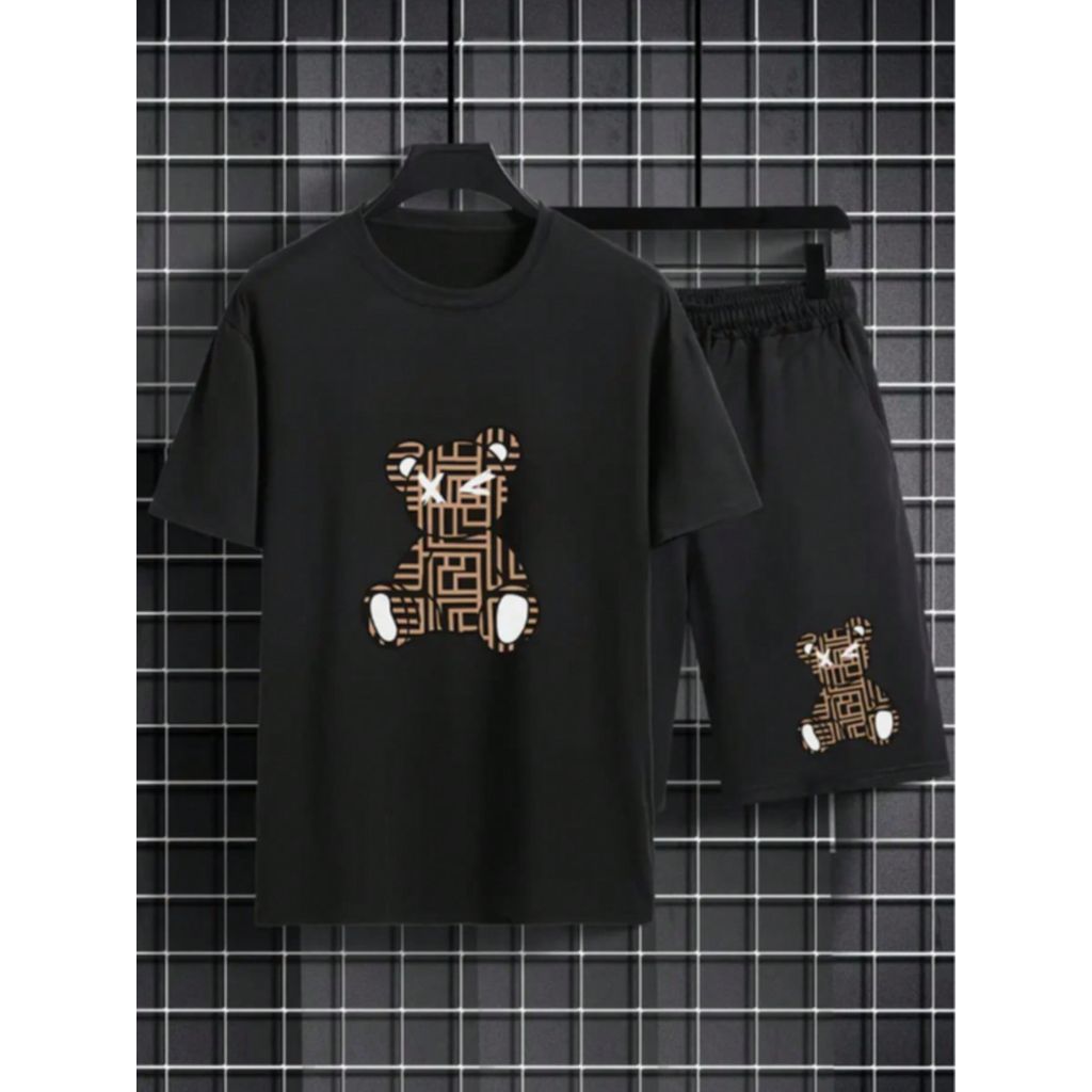 Conjunto Urso geometrico Camiseta e Short Tactel Masculino Bermuda Treino Academia Esporte Fitness Casual