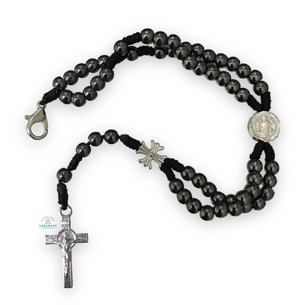 Kit C/6 Terço De Pulso Pequeno Hematita Medalha De São Bento Artigo Religioso