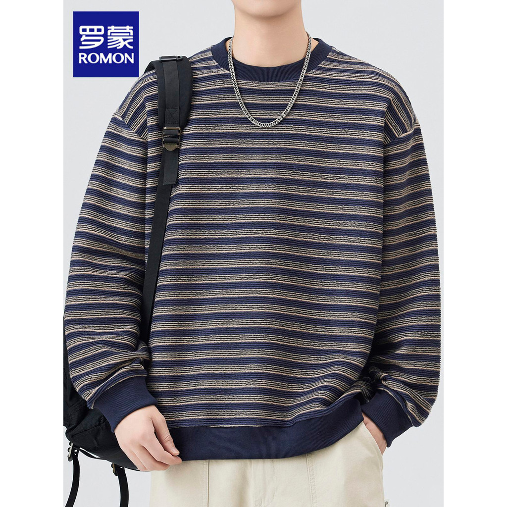 Lomon listrado camiseta de manga comprida masculina primavera novo estilo solto Casual bonito americano Retro em torno d