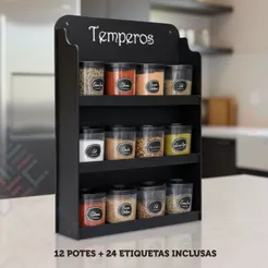Suporte Porta Tempero de Parede Organizador Condimentos Decoração para Cozinha Mdf Mantimento Potes