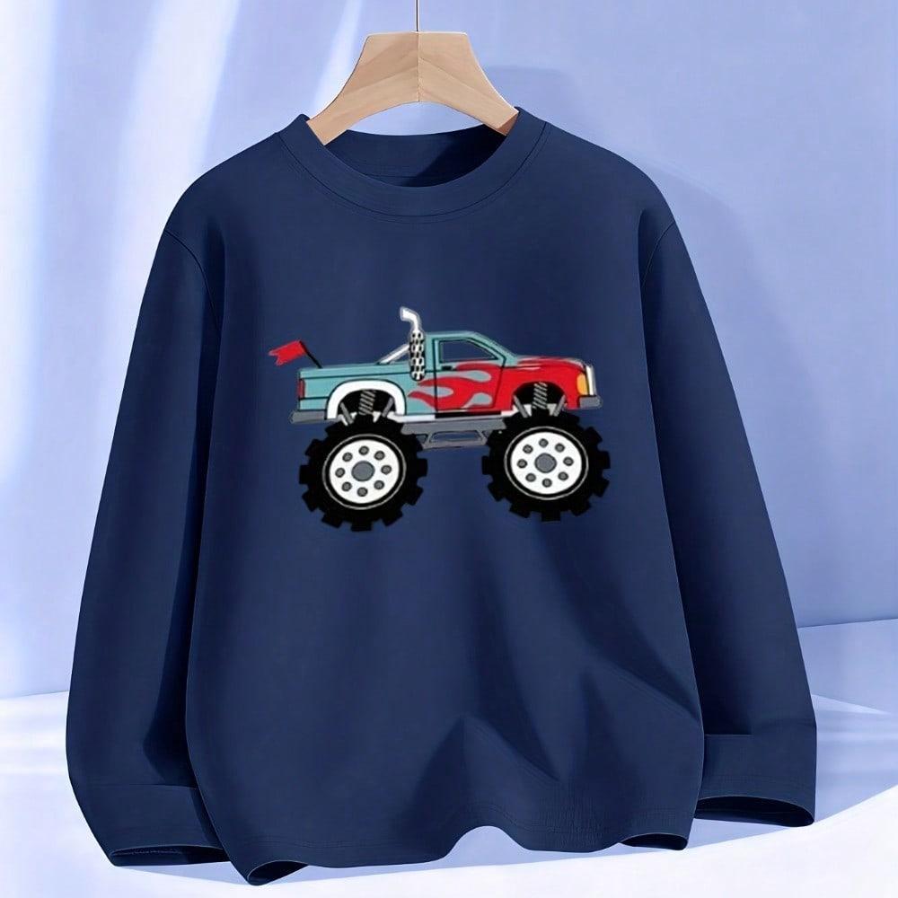 Camiseta manga longa infantil masculina com estampa de caminhão monstro e chamas - moda casual para meninos