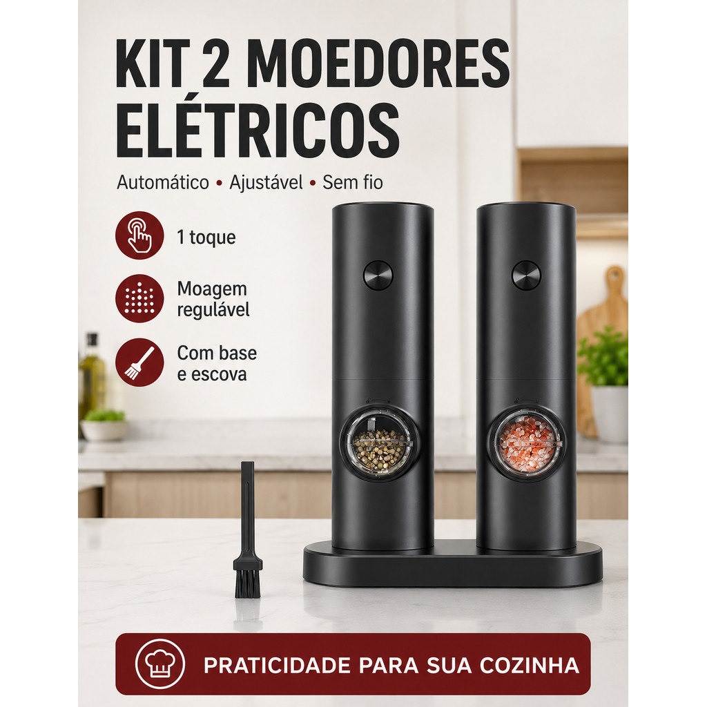 Conjunto 2 Moedores Elétricos Ajustáveis Sal Pimenta café Automático A Pilha Com Acessórios Preto