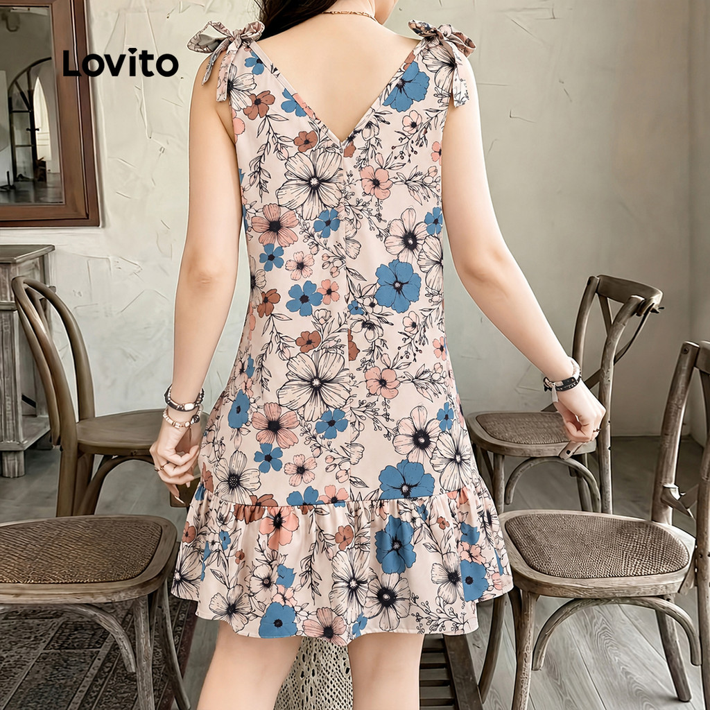 Lovito Padrão De Vestido Floral Boêmio Laço Com Acabamento Em Babado Vestido Para Mulheres DRK8P2D725 · foto 2