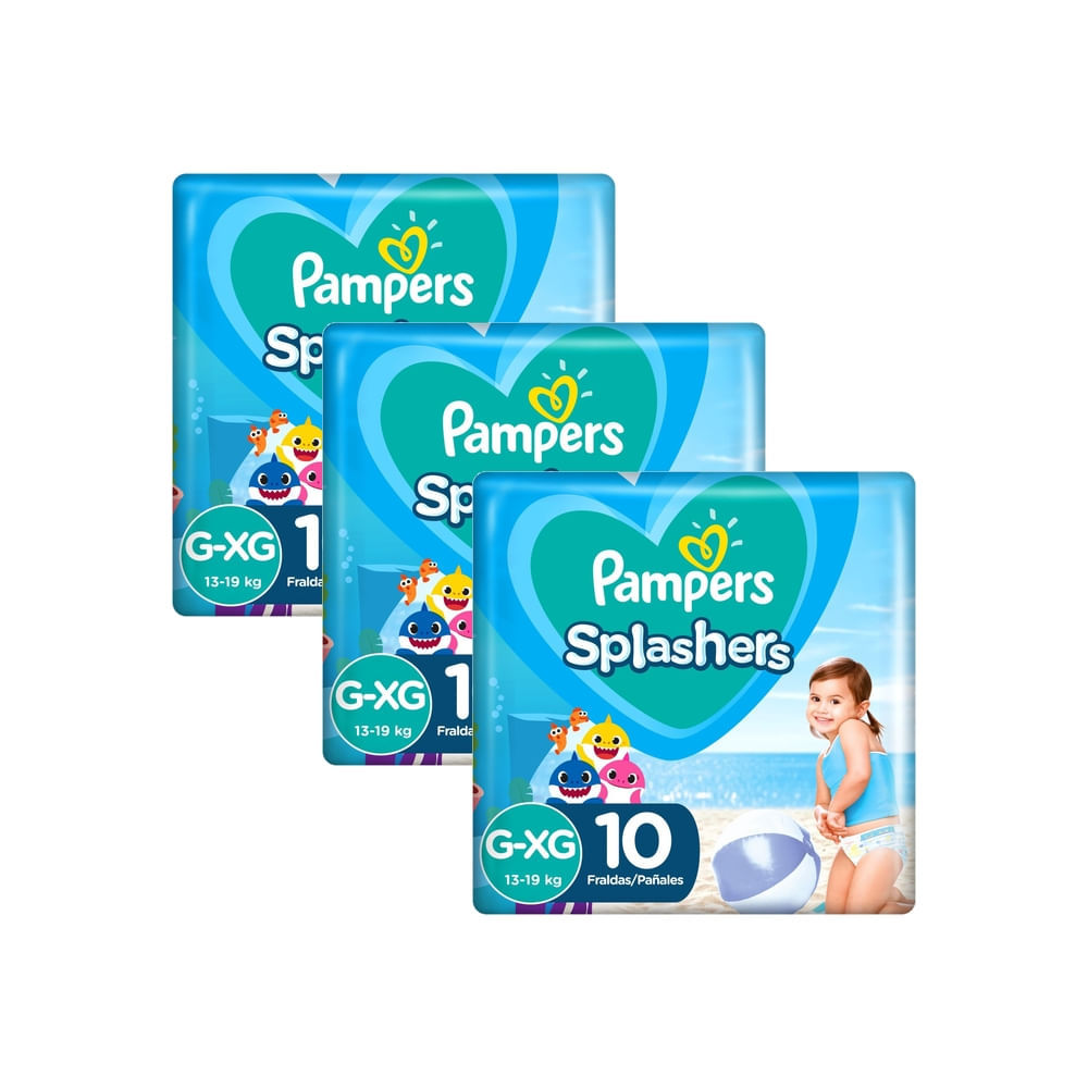 Kit 3 Fralda Pampers Splashers para Nadar Baby Shark XG com 10 Unidades Descartáveis