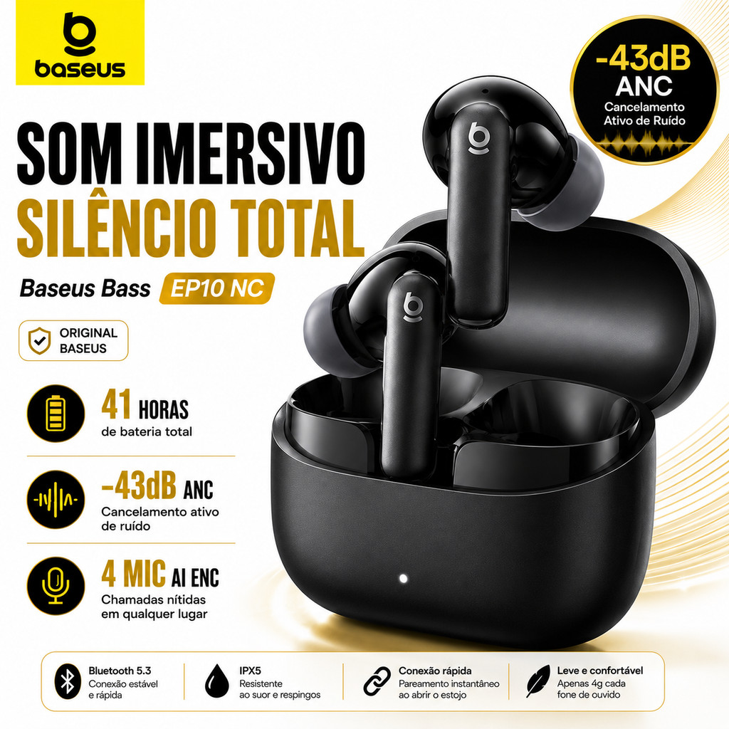 Baseus Bass EP10 NC Fone Bluetooth 6.0 ANC -43dB True Wireless Cancelamento de Ruído IP55 Resistente Suor e Poeira