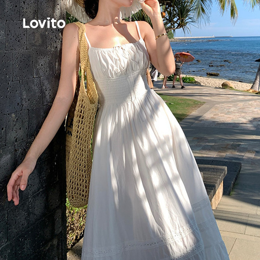 Lovito Férias Vestido Babado Enrugado Frente Amarrada Primavera/verão Branco para Mulheres L183ED033 · foto 2