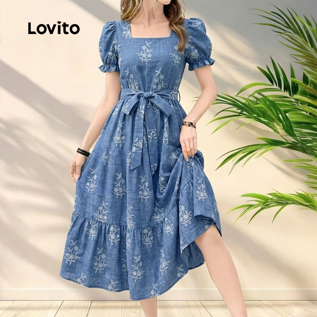 Lovito Vestido Casual Azul para Mulheres com Babado e Cinto Fechamento em Zíper primavera/verão DRK8BR205 · foto 2