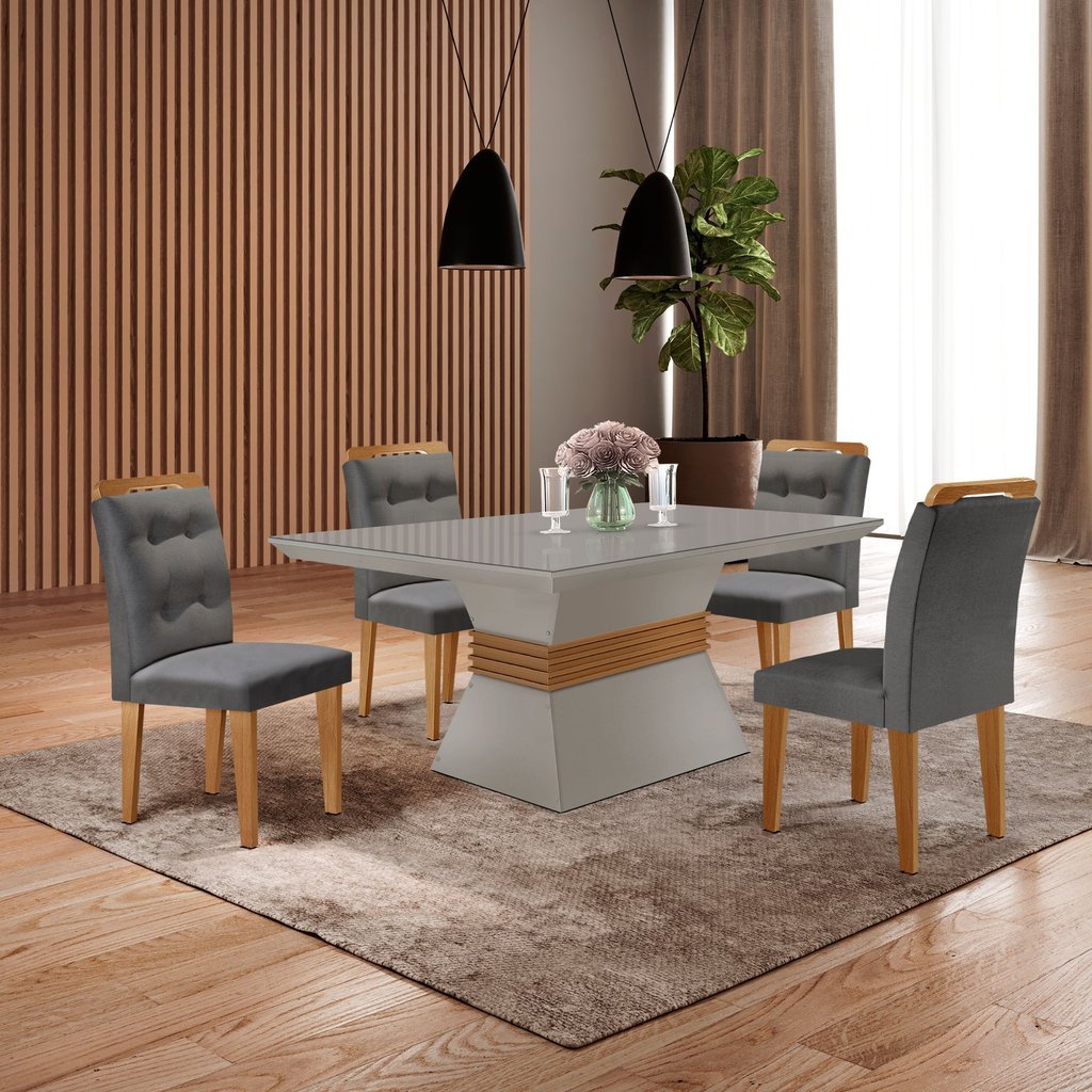 Mesa Clarice 120 Tp MDF Vidro/Canto Reto 4 Cad Valentina Bege/Linho Grafite/Off White/Imbuia Yescasa Linho Grafite/Off