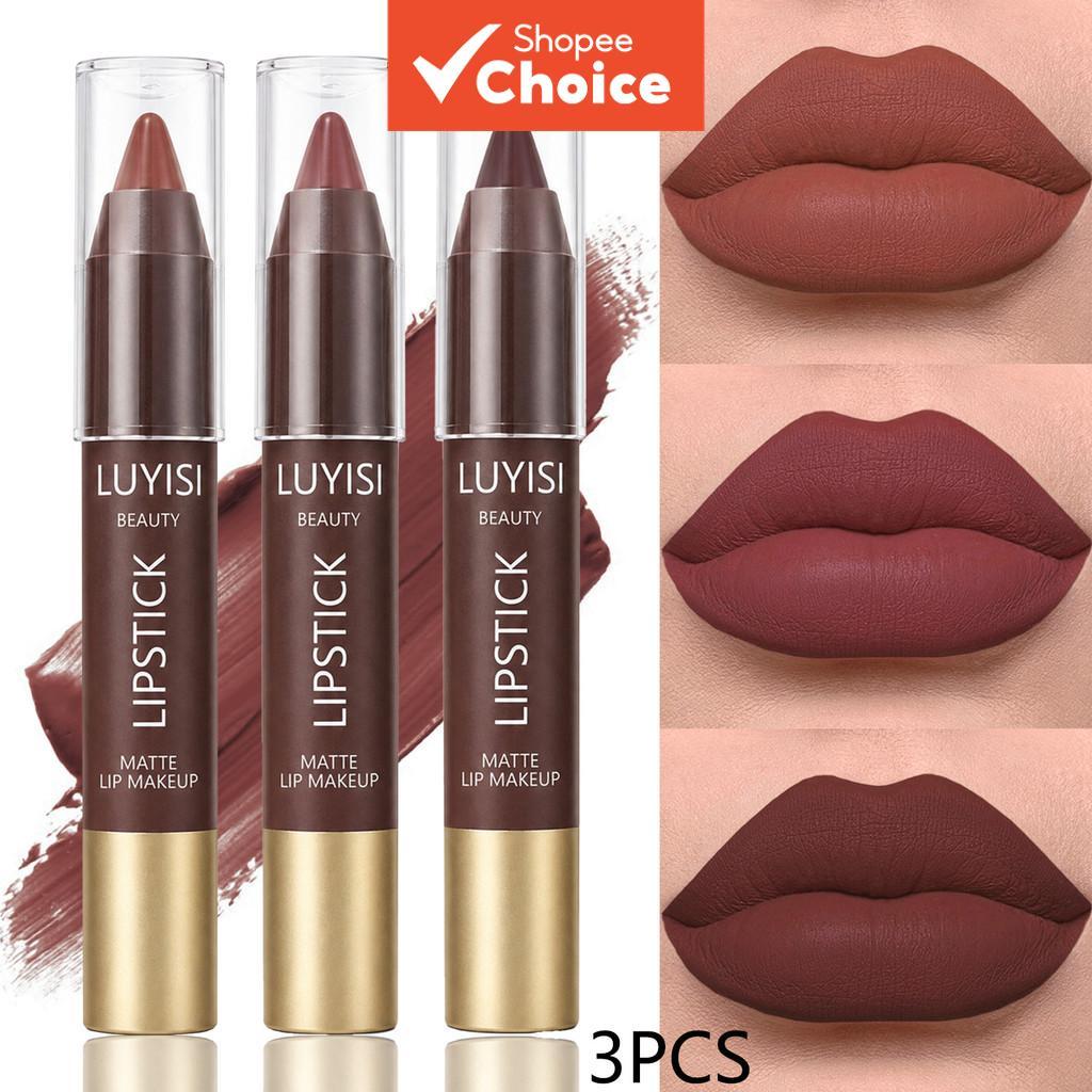 Conjunto 3 peças de Lápis/Batom Labial: Lápis labial de uso duplo e batom, acabamento ultra fosco, longa duração à prova