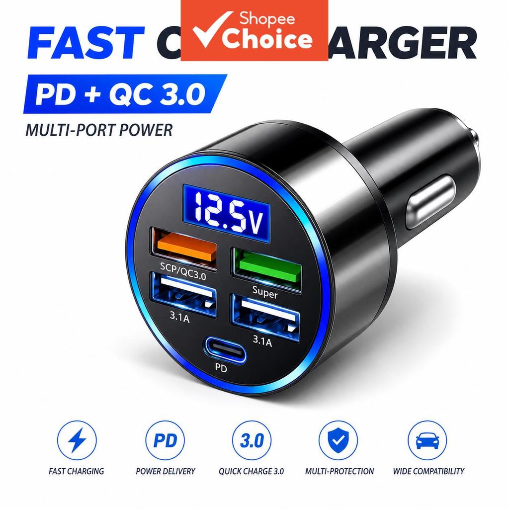 Adaptador Carregador Veicular com Tela de Tensão Dupla PD Super Rápido 12-24V para iPhone 15 Pro Max 5 em 1 USB