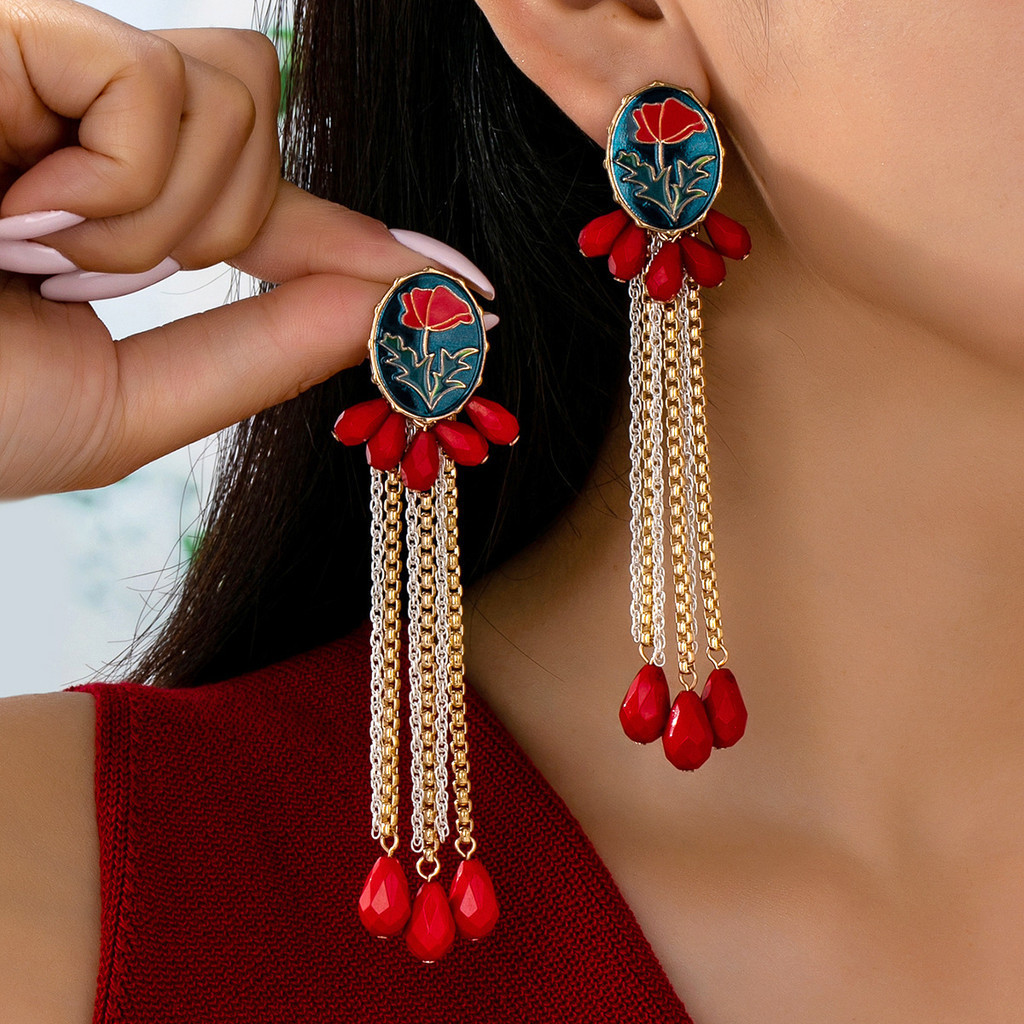 Brincos de borla multicamadas com design em esmalte, brincos florais grandes de estilo vintage para mulheres LEID