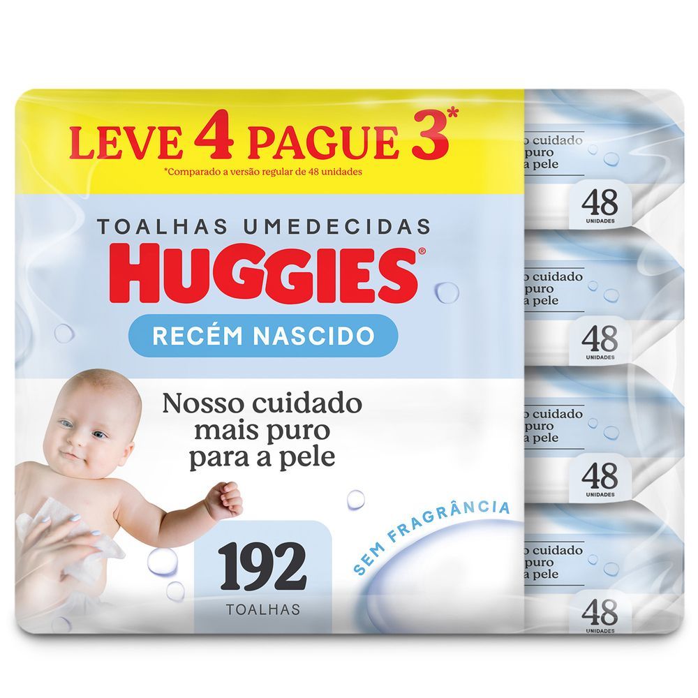 Imagem Lenços Umedecidos Huggies Recém Nascido Sem Fragrância com 192 Unidades Leve 4 Pague 3