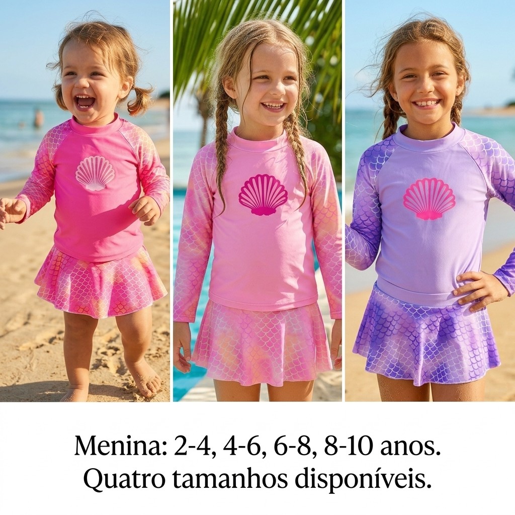 conjunto de Biquíni Infantil com Blusa Proteção Solar UV 50+ Sereia concha  Praia Piscina Natação Menina Infantil-