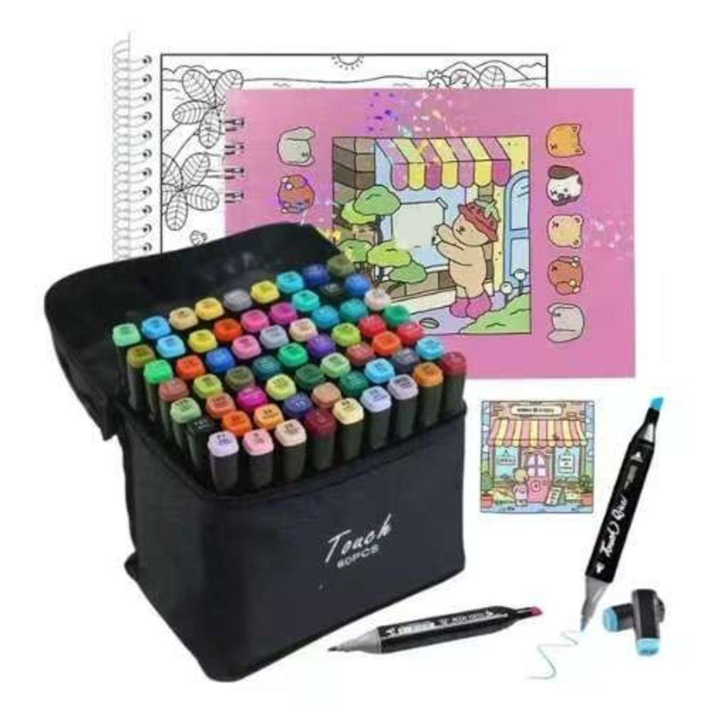 Kit Livro de Colorir Capa Dura 50 Páginas Canetas Marcadoras Ponta Dupla Diversas Quantidades Cores