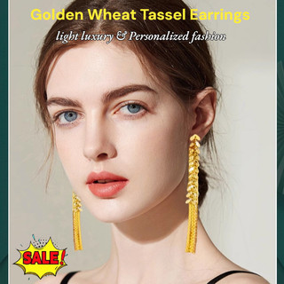 [Design Elegante] Elegant Golden Wheat Design Tassel Drop Earrings - Brincos Femininos/Pendentes/Moda