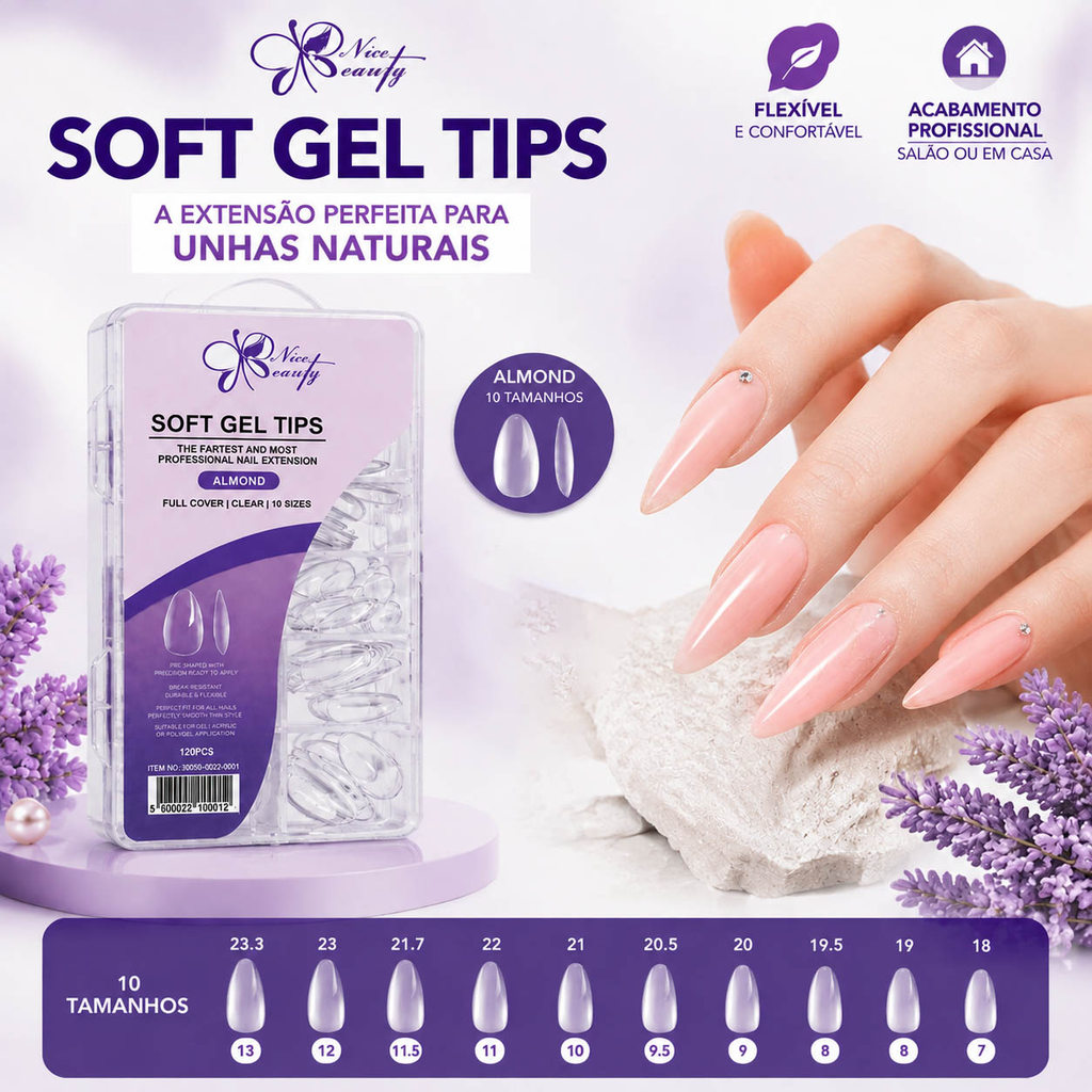 Kit100 Unhas Postiças Soft Gel Almond Transparente 10 Tamanhos Perfeitas para Alongamento e Decoração Profissional Unhas