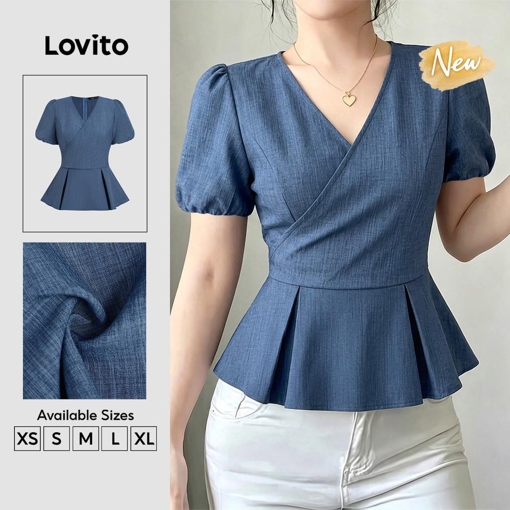 (New Arrival) Lovito Elegante Blusa Plissada Primavera/verão Blusa Preta para Mulheres BLB203TD208