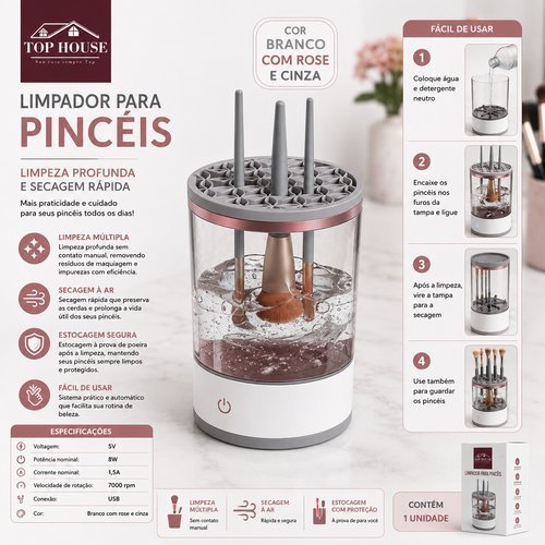 Limpador Automático Pincéis Maquiagem Limpeza Rápida Portátil Branco