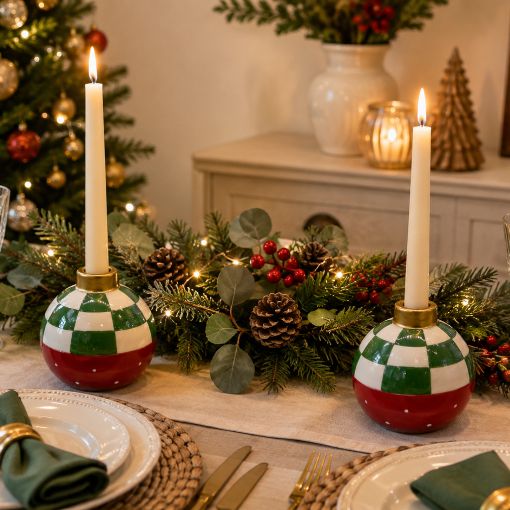 Kit 2 Castiçais de Natal Bola Decorativa Cerâmica 11cm