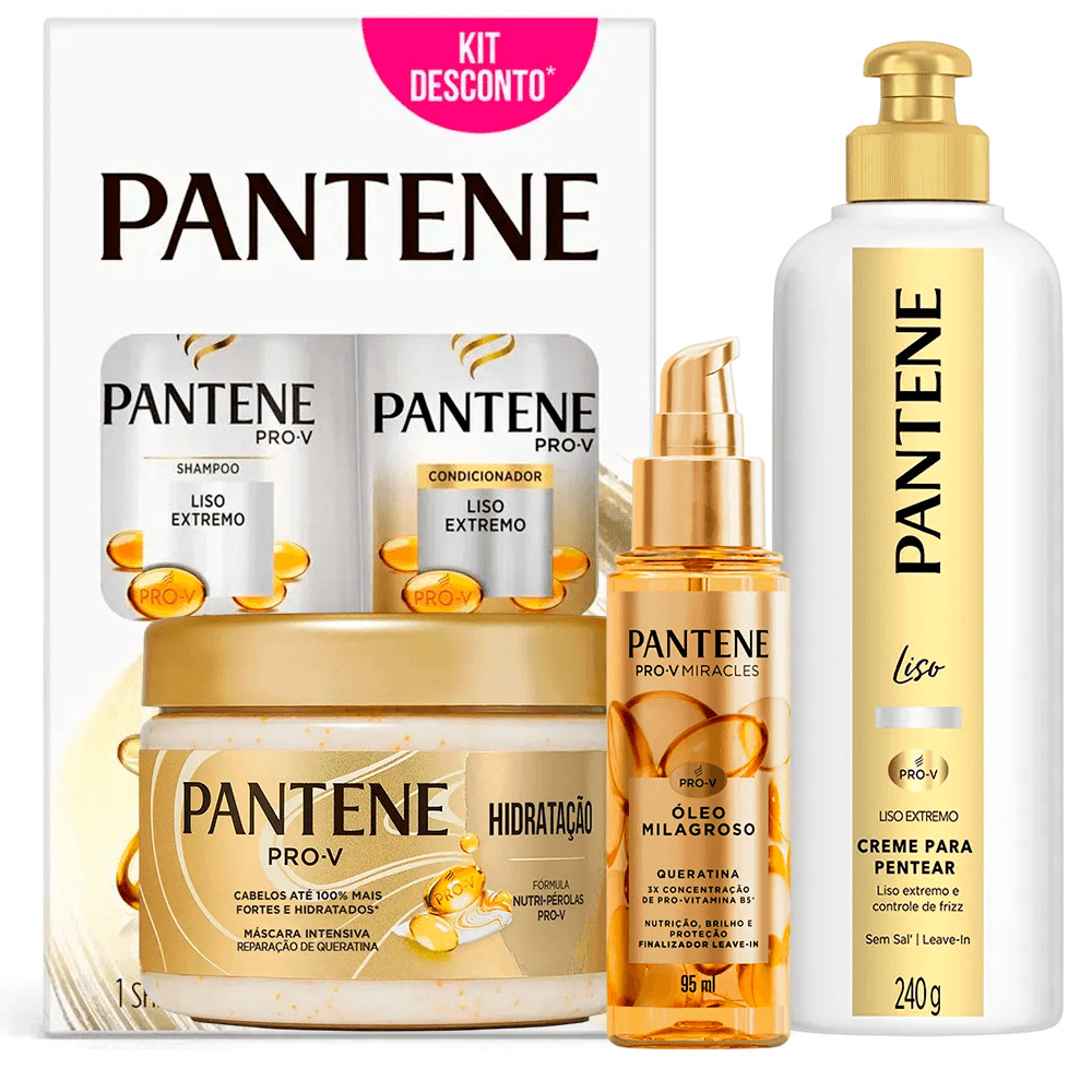 Kit Pantene Liso Extremo Shampoo + Condicionador + Creme + Máscara Hidratação + Óleo Milagroso Queratina