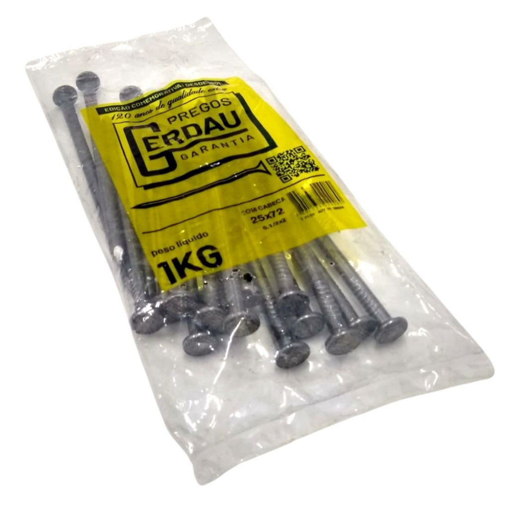 Kit 2kg Prego 25x72 Gerdau Com Cabeça Polido, Construção