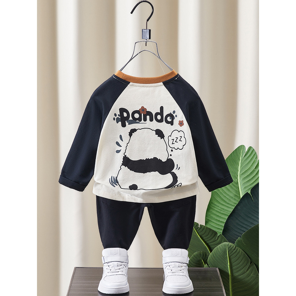 Meninos de manga comprida camiseta primavera outono estilo 2026 novo estilo crianças Panda moda topo bebê cor-bloqueio e