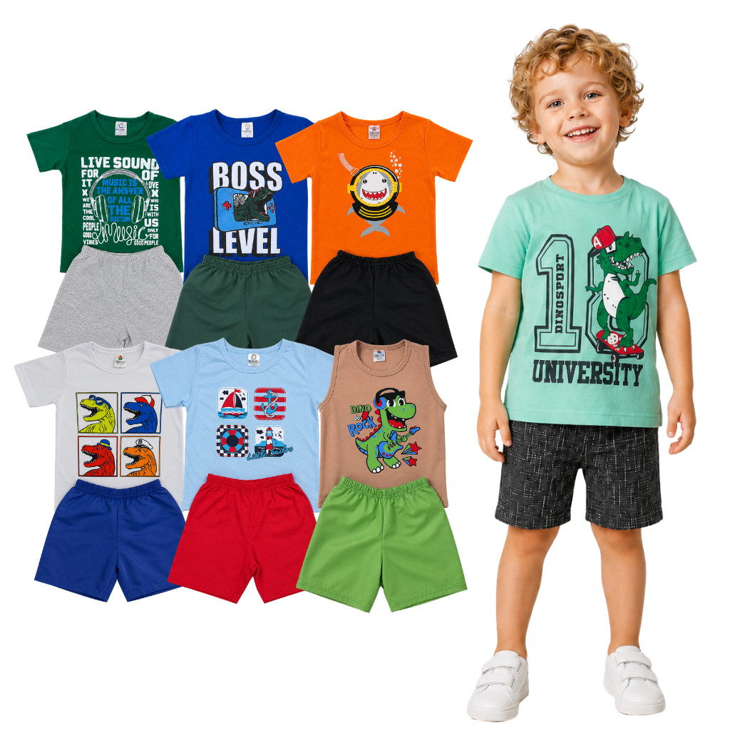 Kit 6 Peças Infantil Menino Verão Estampado Sortido 3 Conjunto Camiseta + Shorts Bebê