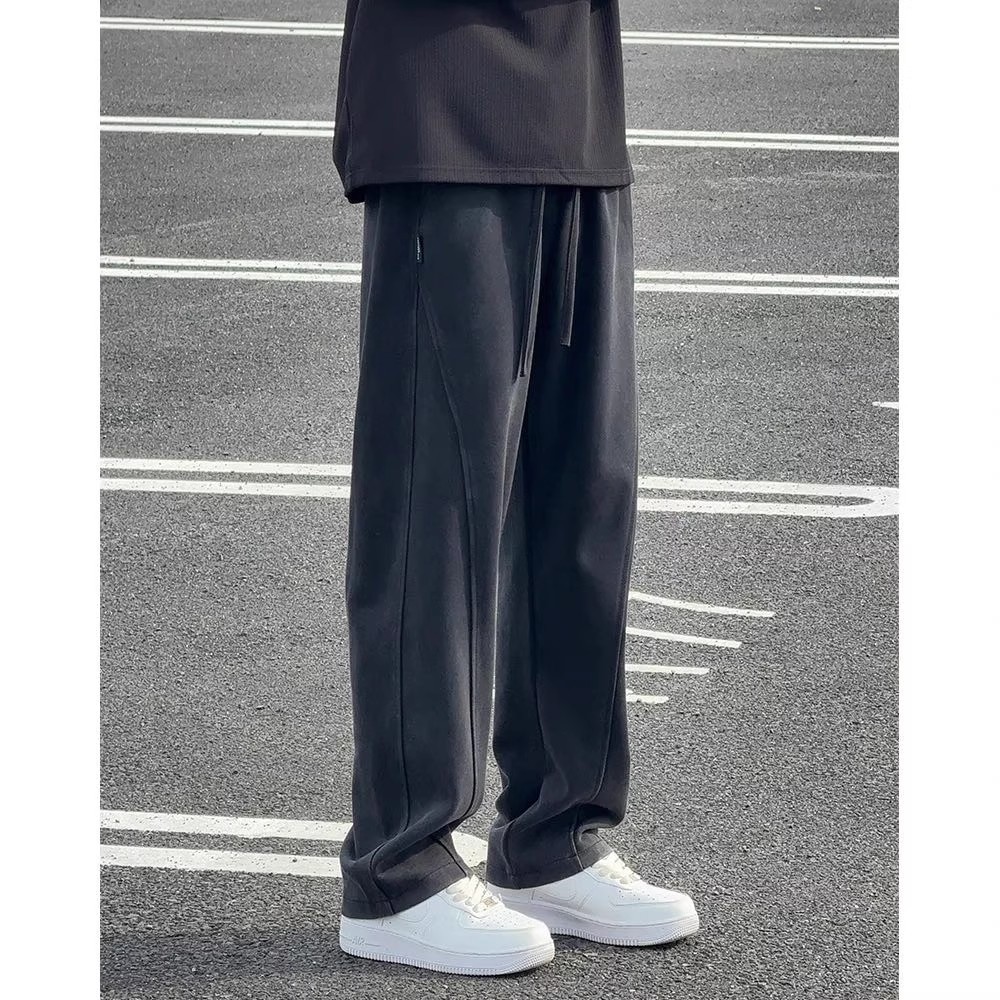 Fat Custom [Calças T-Leg] Tamanho grande outono inverno mais fino Look lavado preto moletom capa solta carne Casual