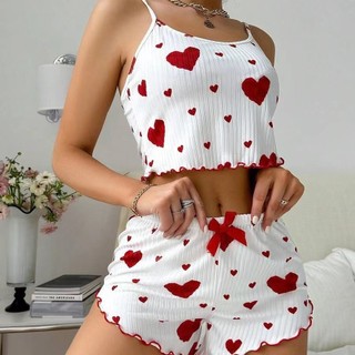 Cross-Border venda quente senhoras Homewear amor malha impresso pijamas conjunto Suspender Shorts Casual pode usar fora