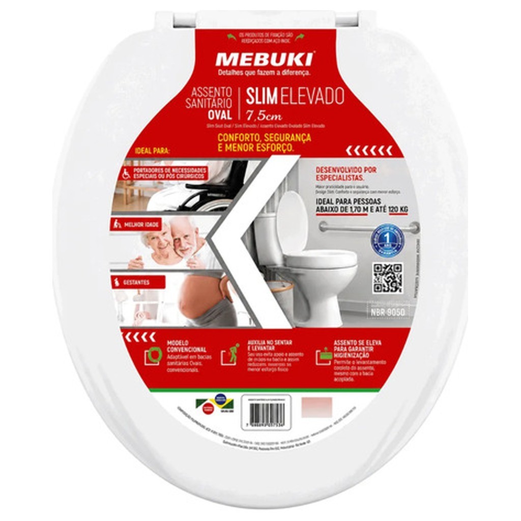 Assento Sanitário Elevado Slim Mebuki 7,5cm Branco para Vaso Sanitário Acessório Banheiro Conforto Idosos