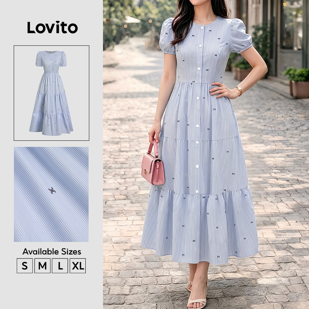 (New Arrival) Lovito Vestido Azul Listrado Elegante Camadas Em Níveis Botões Frontais Primavera/verão Casual E Trabalho Para Mulheres DRB38BR282