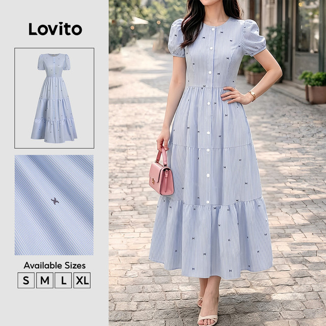 (New Arrival) Lovito Vestido Azul Listrado Elegante Camadas Em Níveis Botões Frontais Primavera/verão Casual E Trabalho Para Mulheres DRB38BR282