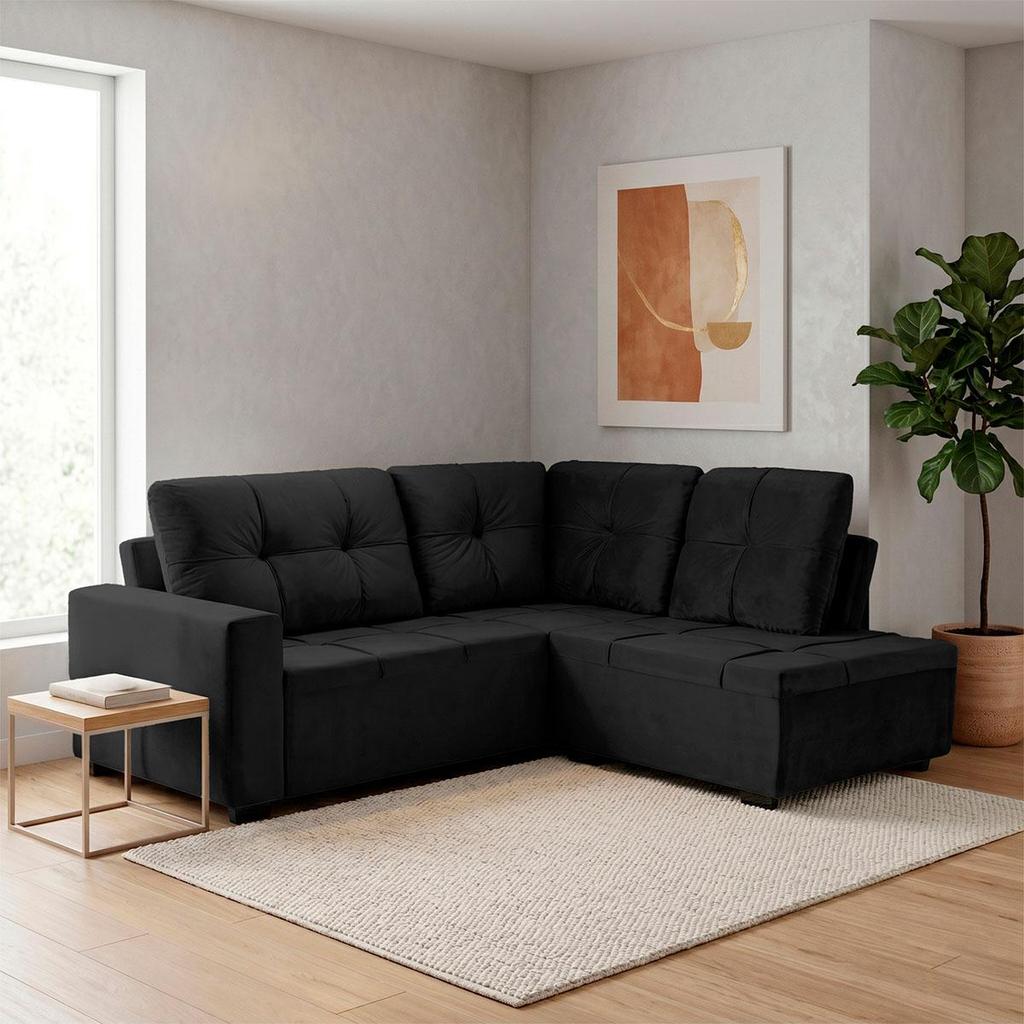 Sofá de Canto com Chaise Ibarra Suede Velut Preto - King House