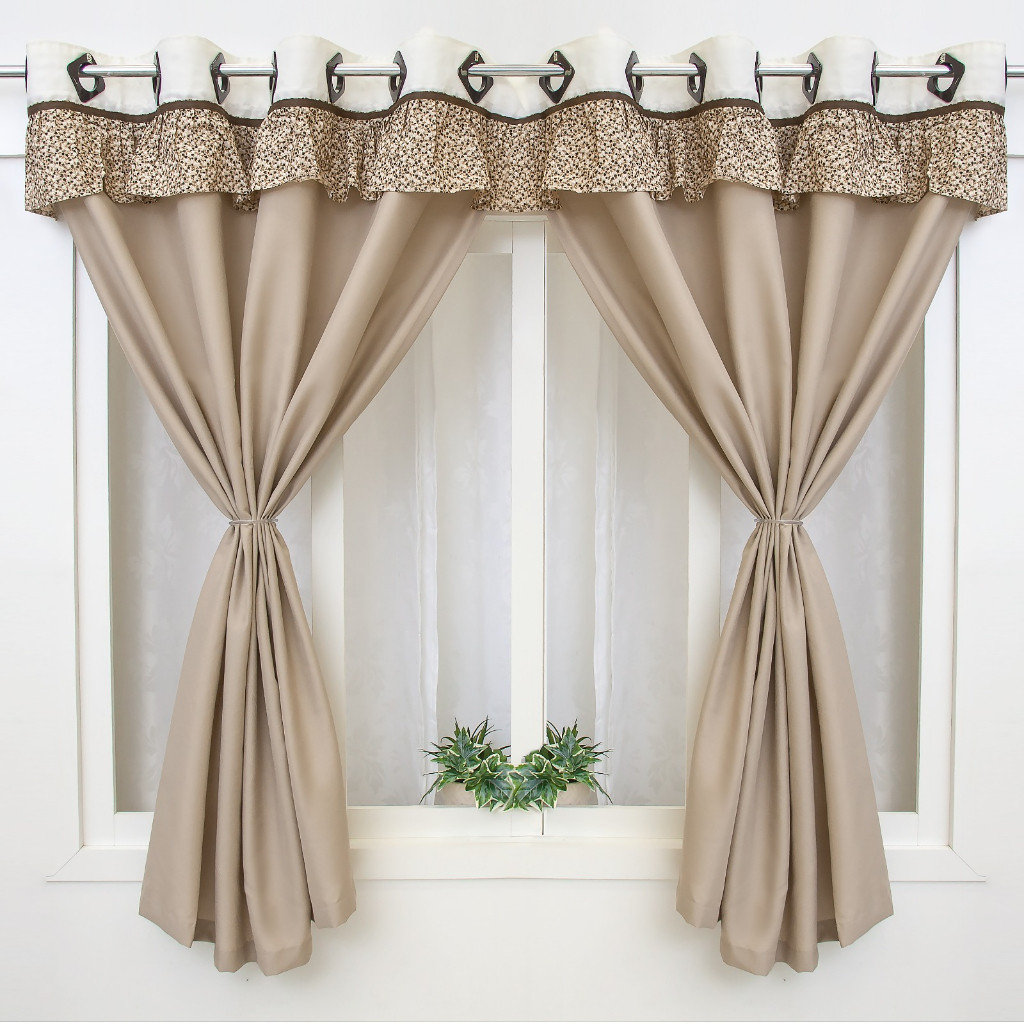 Cortina Slim Para Janela Cozinha 260x140m Altura - Bege Floral Com Babado
