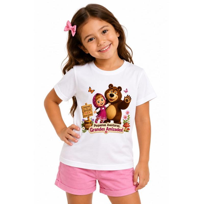 Camiseta Infantil Blusa Feminina Masha e o Urso Algodão Presente Dia das Crianças Aniversário Natal
