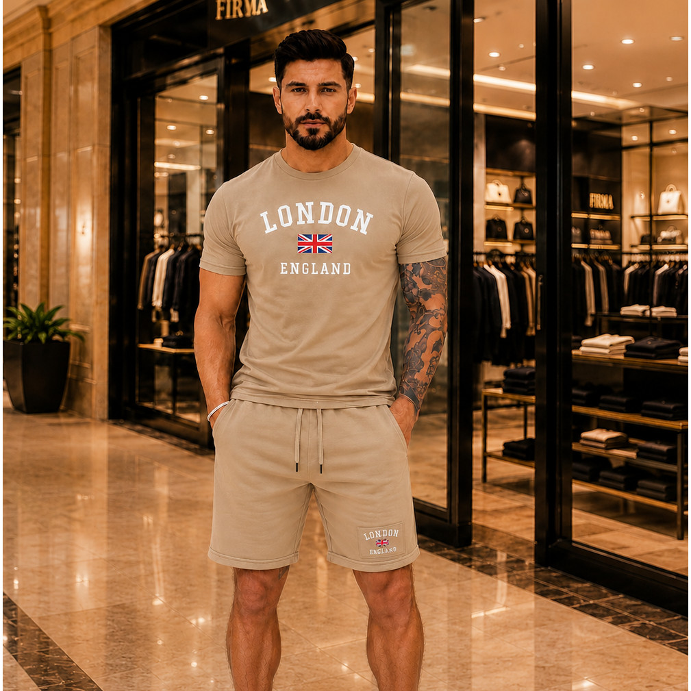 Conjunto Masculino London England Bermuda MOLETOM Slim Camiseta Fio 26 Grossa Kit Lançamento