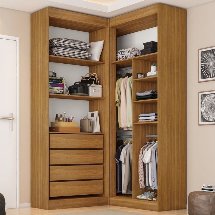 Guarda-Roupa Closet Modulado Casal sem Portas Canto em L com 4 Gavetas e 3 Cabideiros Versatille Yescasa Freijó/Branco