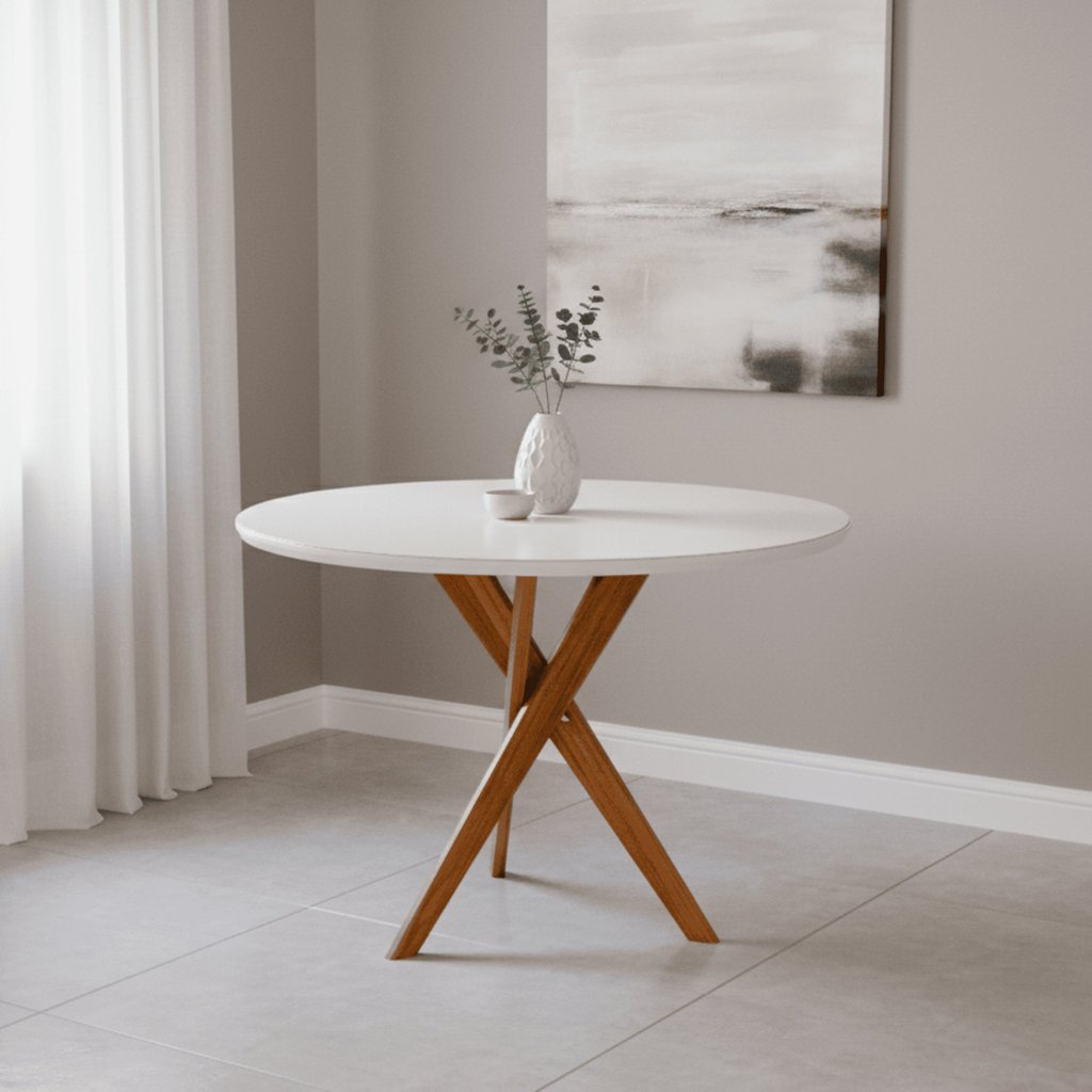 Mesa para Sala de Jantar Redonda 109cm com Vidro Cacau Marrom/Off White Off White