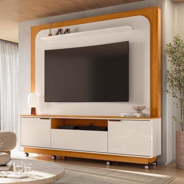 Estante para TV e Home Theater até 75 Polegadas 200CMX197,5cm 2 Portas 1 Gaveta Rodízios Nilo Cinamomo/Off White