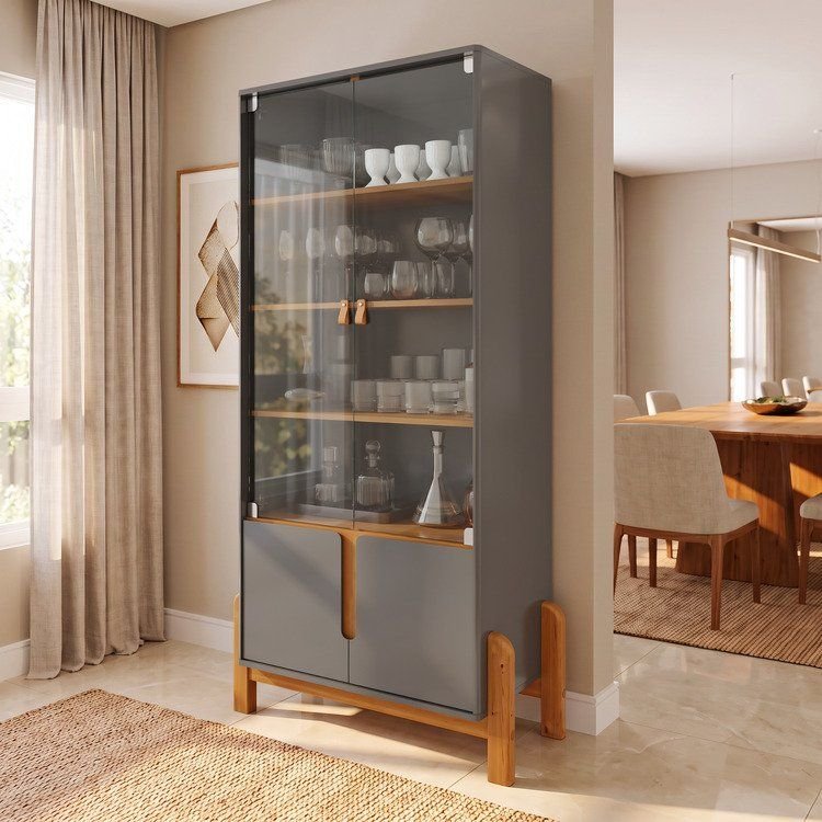 Cristaleira 4 Portas Vidro MDF Cinza Perola 83cm Lizz Cinza Perola/Cedro