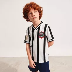 Camisa Corinthians Infantil Retrô 1971 Algodão Branca Gola V Escudo Bordado