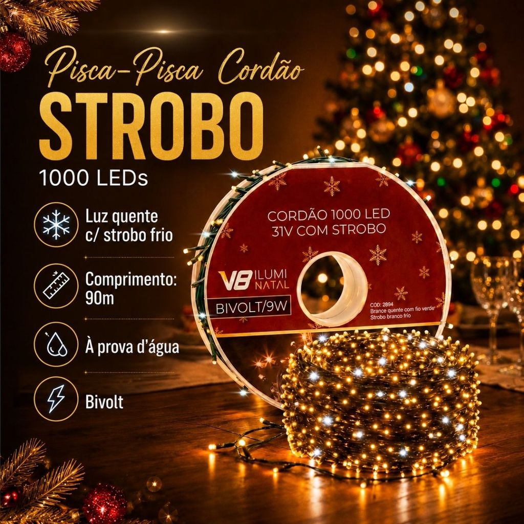 Cordão Strobo 1000 Leds Natal 90m Pisca 200 Decoração Bivolt